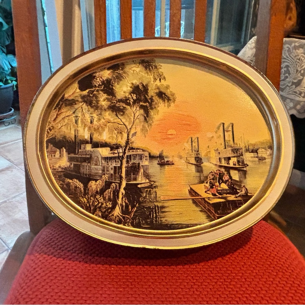 Vintage Oval Decorative Tray with Scenic Print